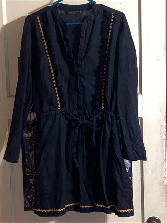 Zara Dresses & Skirts - ZARA BLACK LINEN MINI DRESS Mustard Detail Loose Tunic Fit EUC